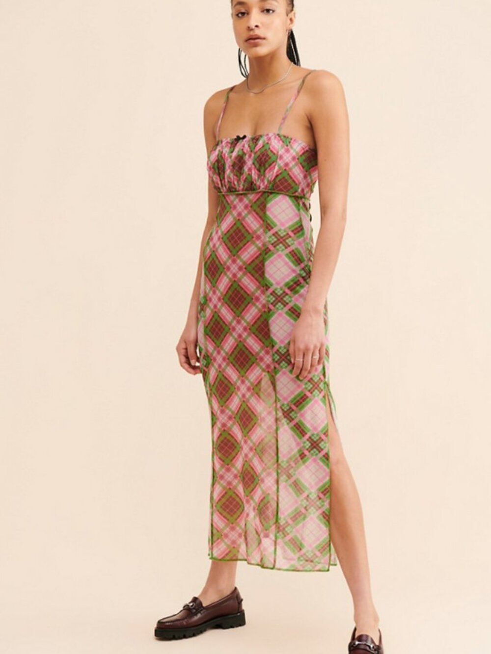 The Ragged Priest Dove Pink & Green Check Mesh Midi Dress w/ Exposed Seams Sz L